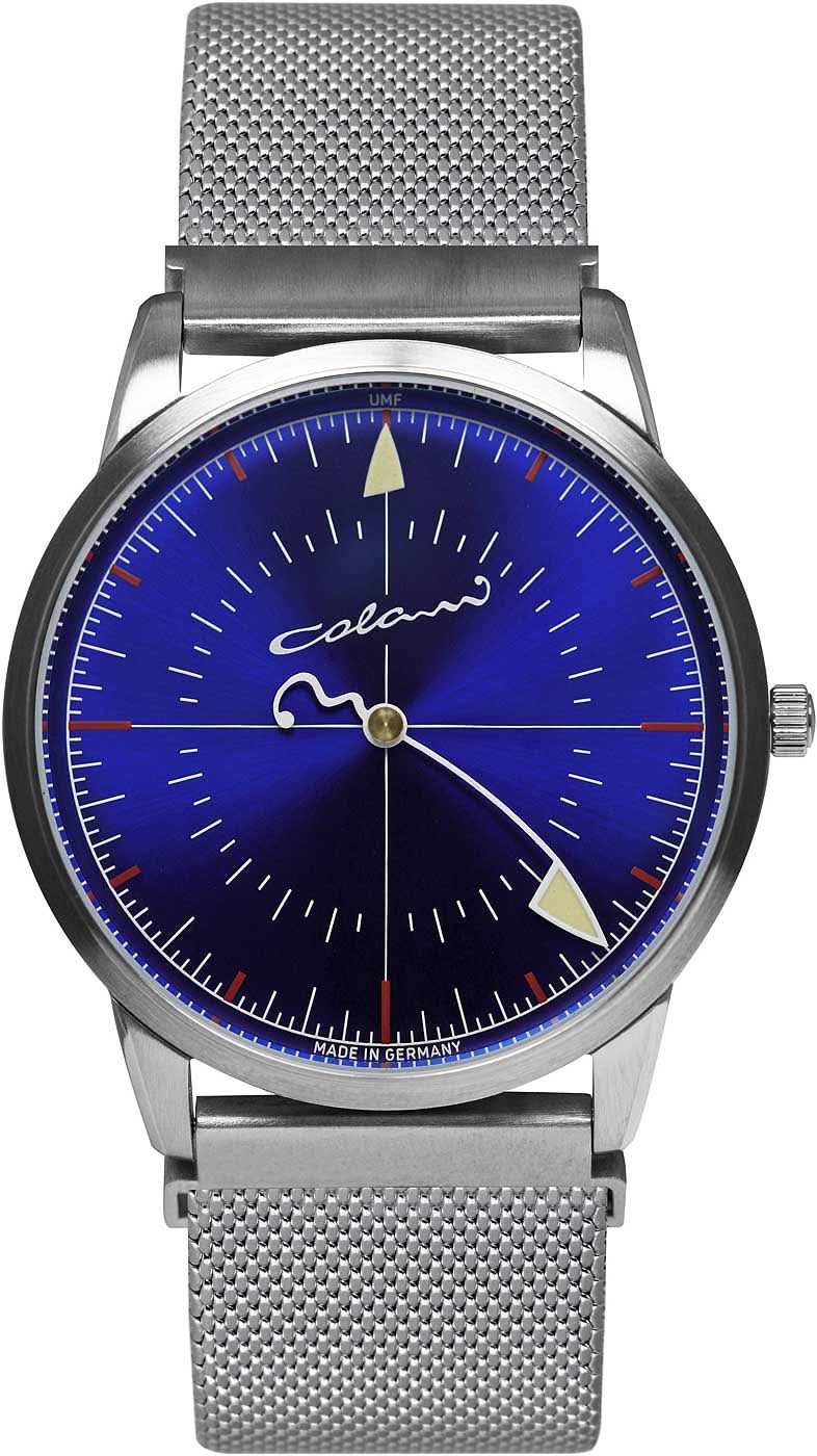 Reloj de hombre con correa de malla plateada y esfera azul, tres manecillas