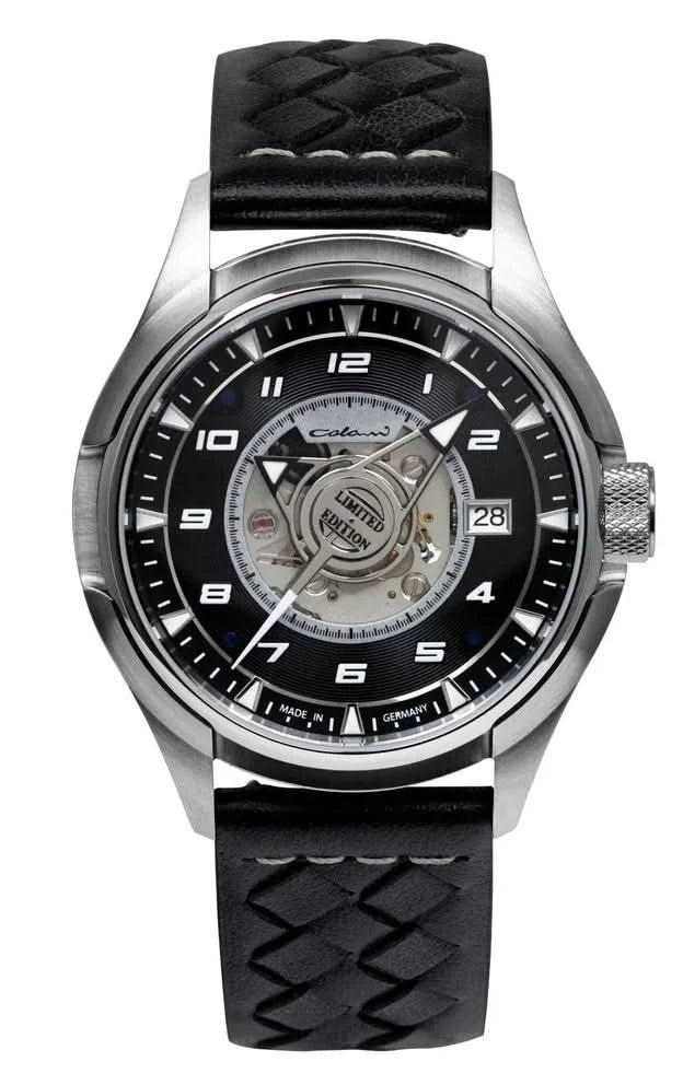 Pulsera de hombre con caja plateada, esfera negra y correa de cuero negra, fecha 28