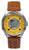 Reloj de hombre con correa de cuero marrón, esfera amarilla y ventana de fecha visible