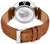 Reverso de reloj de pulsera para hombre con caja plateada y correa de cuero marrón.
