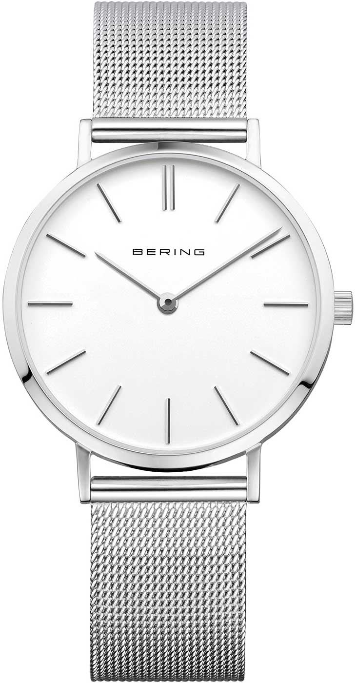 Reloj de mujer Bering con esfera blanca y correa milanesa, cristal de zafiro