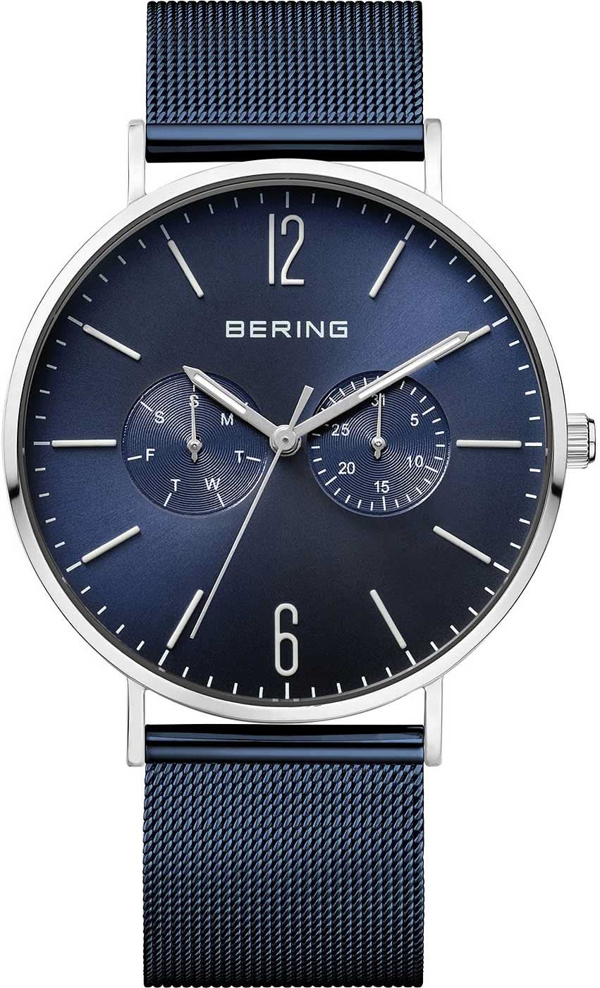 Reloj de hombre: esfera azul oscuro, caja de acero inoxidable y correa milanesa azul