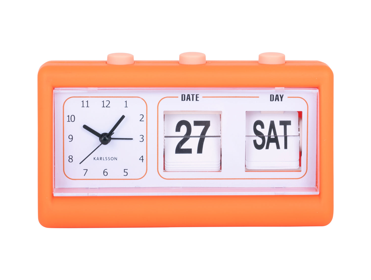 Orangefarbener Wecker mit Klappzahlen für Datum und Wochentag, Analogzeiger