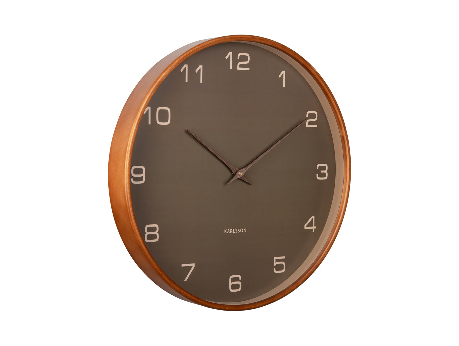 Wanduhr mit rundem kupferfarbenem Rahmen, braunem Zifferblatt und Ziffern
