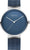 "Reloj analógico Bering Solar con esfera azul y caja plateada, correa de malla milanesa azul."