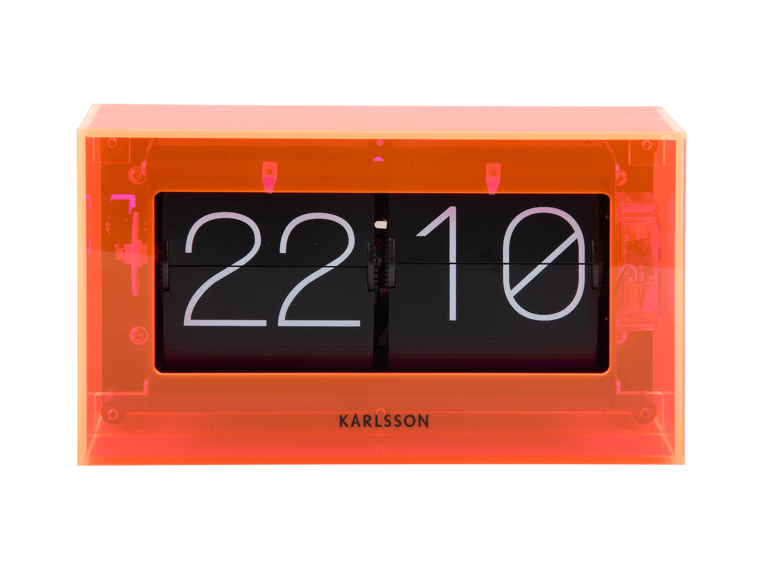 Neonorange Tischuhr mit Klappzahlen-Display, Acrylgehäuse, zeigt 22 und 10.