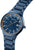 Pulsera de hombre de lado: esfera azul, bisel naranja, brazalete de metal