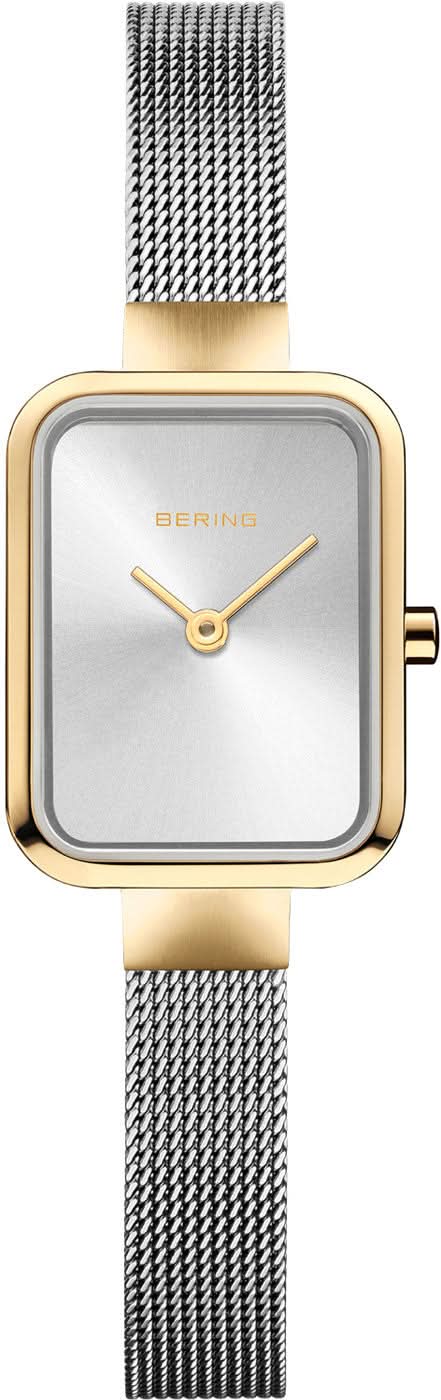 Reloj de mujer con esfera rectangular plateada, bisel chapado en oro, correa de malla milanesa