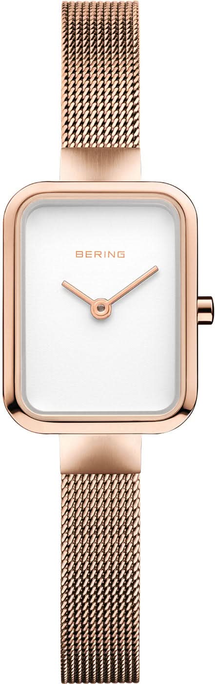 Reloj Bering para mujer: caja cuadrada en tono oro rosa, esfera blanca, correa milanesa