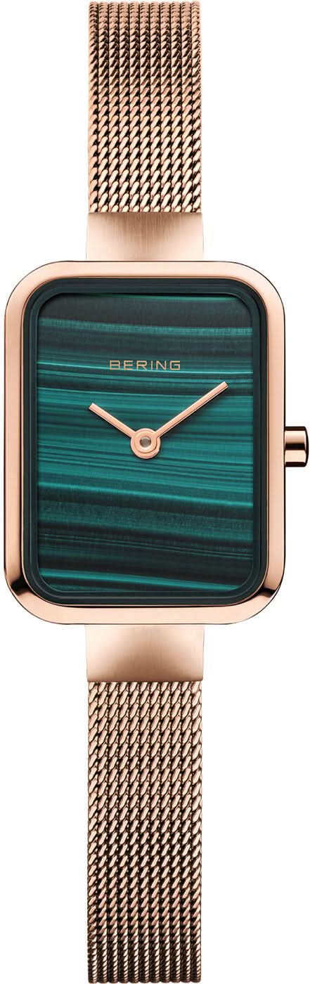 Reloj pequeño para mujer con caja cuadrada, esfera verde y correa de malla en oro rosa