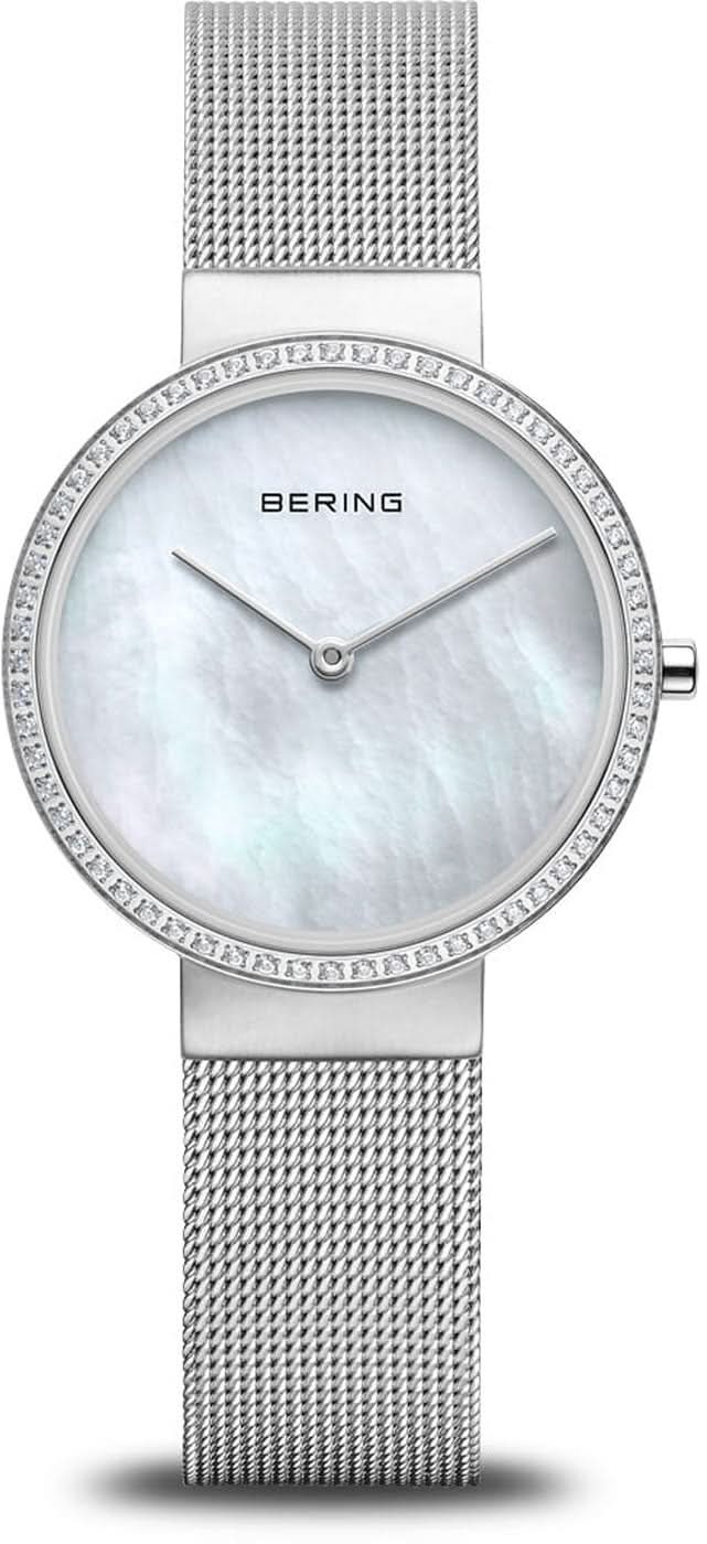 Reloj de mujer con esfera de nácar BERING, bisel de strass y correa de malla metálica
