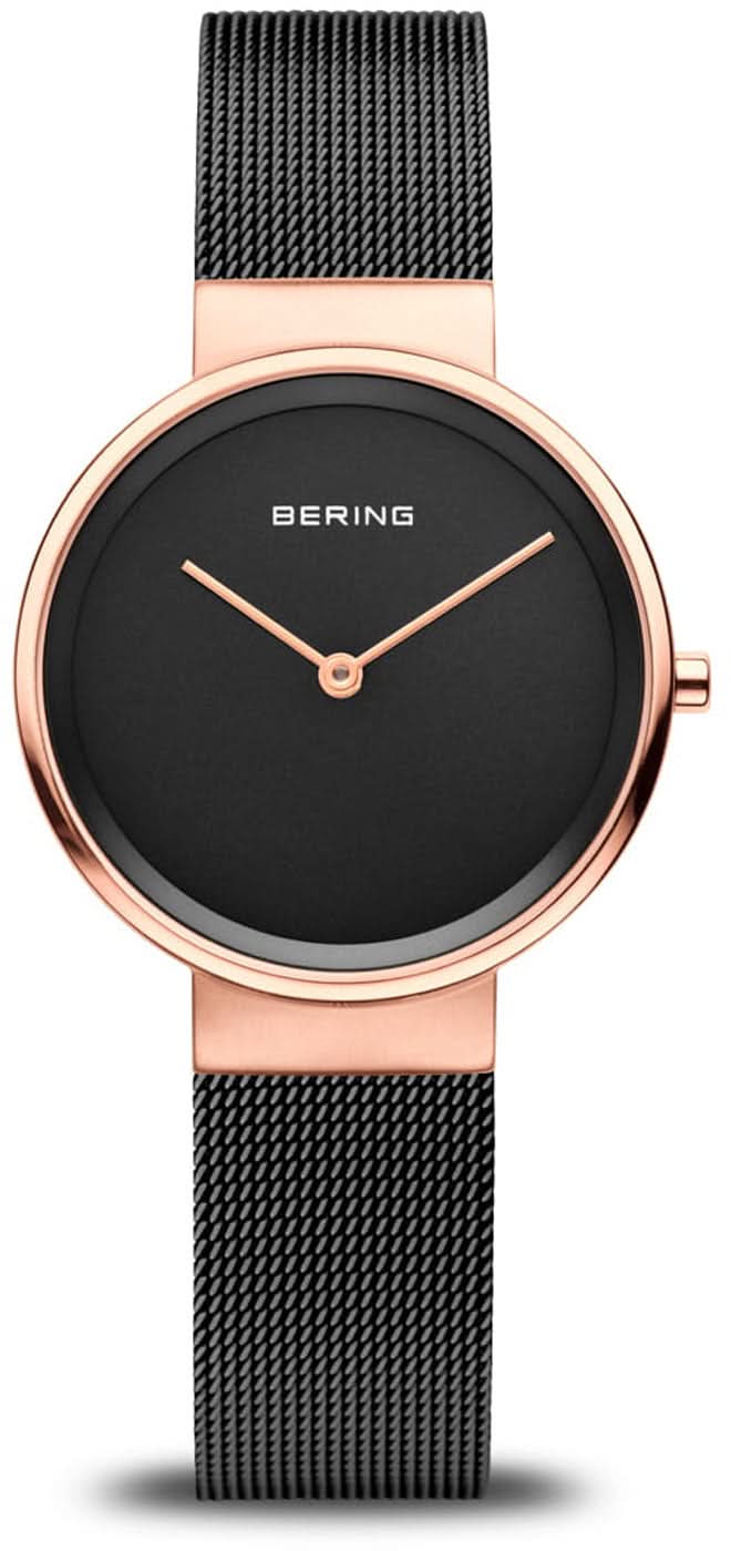 "Reloj de mujer con esfera negra, caja de oro rosa y correa milanesa negra"