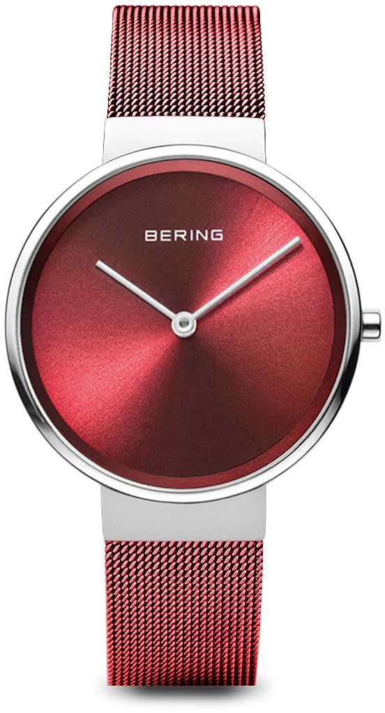 "Reloj de mujer con esfera roja, caja plateada y correa de malla roja"
