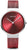 "Reloj de mujer con esfera roja, caja plateada y correa de malla roja"