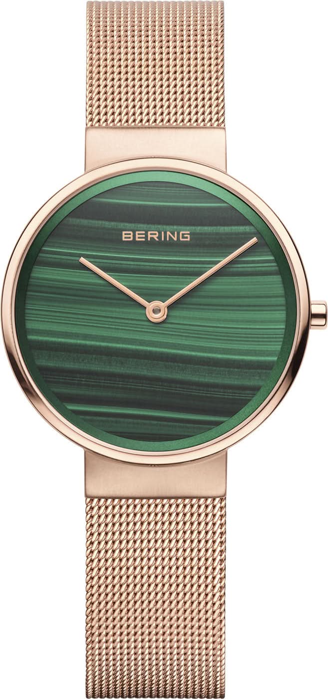 Reloj Bering para mujer con esfera verde y pulsera milanesa en tono oro rosa