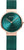 Reloj Bering para mujer: correa milanesa verde, esfera verde esmeralda y bisel en tono oro rosa.