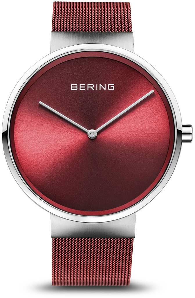 Reloj Bering Classic con esfera roja y correa milanesa burdeos