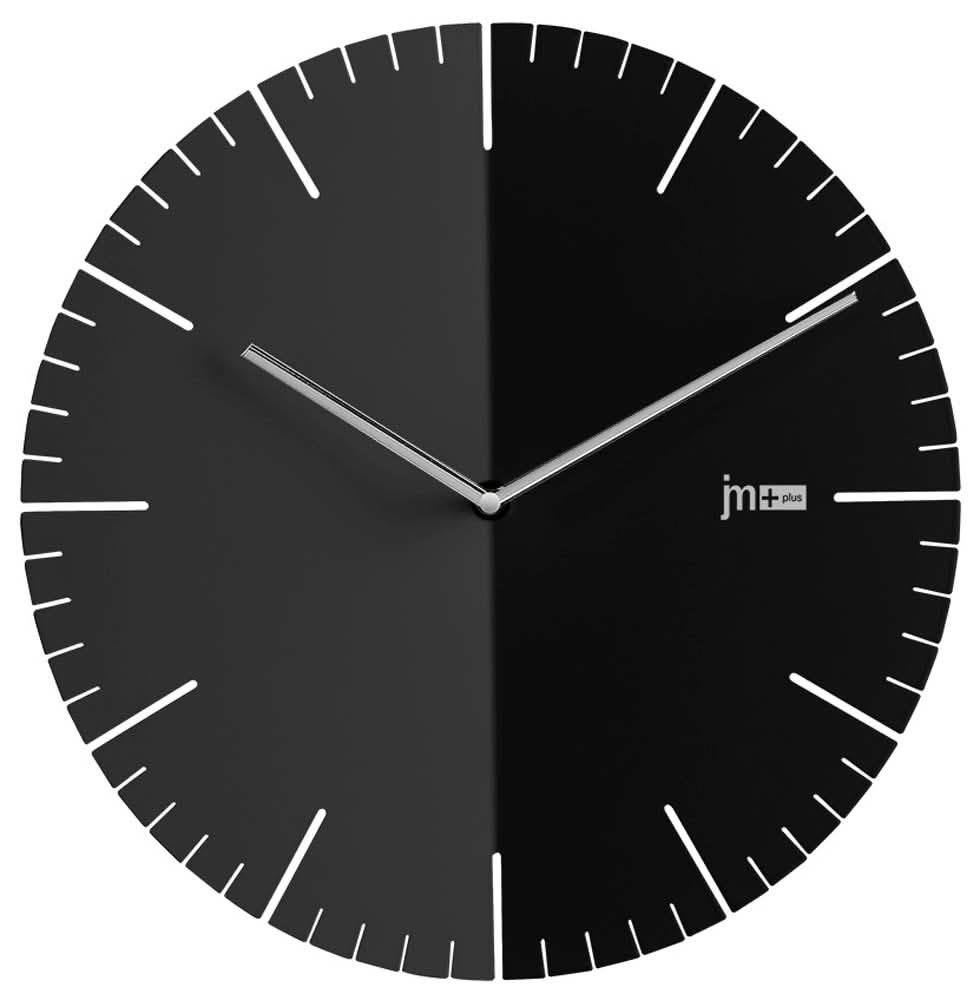 "Reloj de pared con esfera negra, manecillas plateadas e índices de barra, forma redonda"