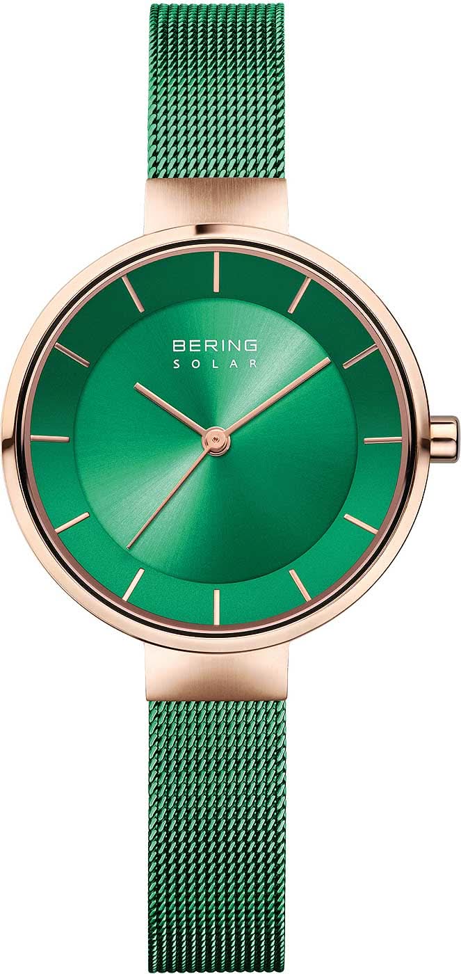 "Reloj de mujer con esfera verde, caja color oro rosa y correa de metal verde"