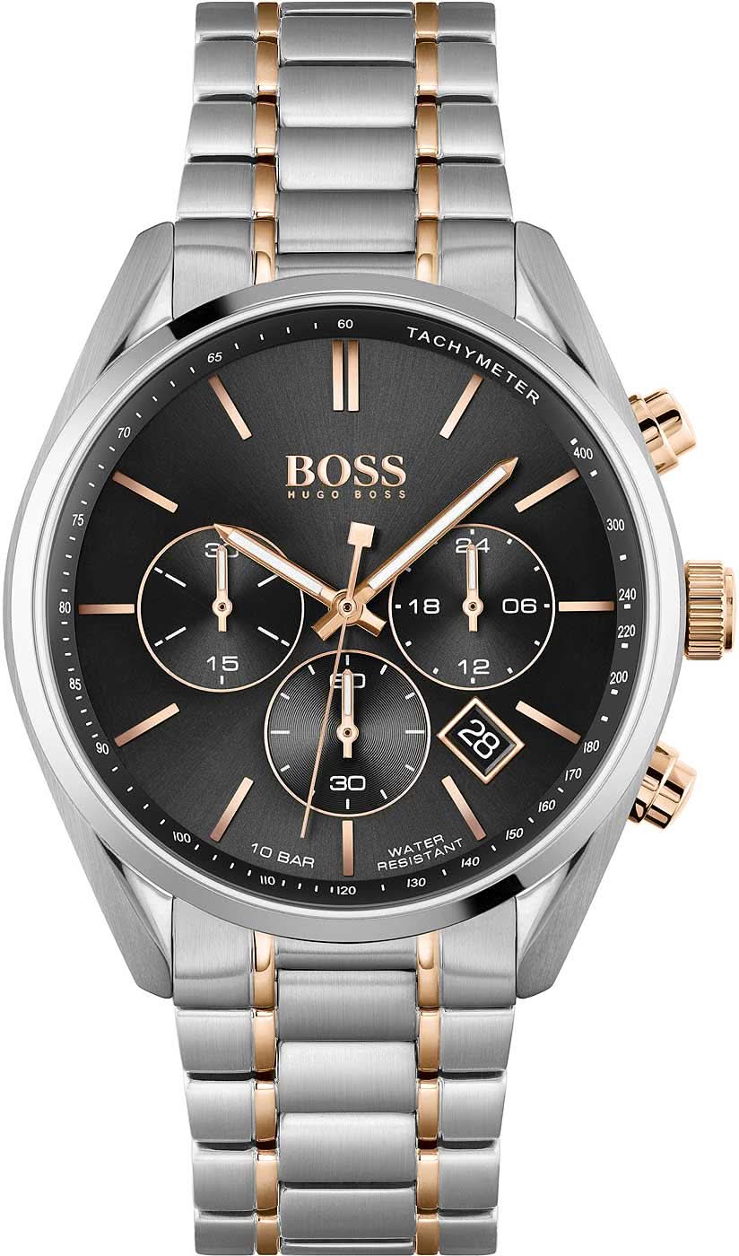 Pulsera de hombre con esfera negra, cronógrafo, bisel taquímetro, acero inoxidable con oro