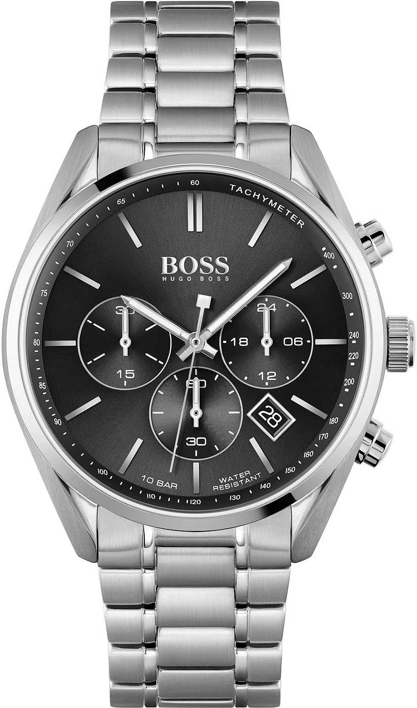 Reloj de pulsera para hombre BOSS: esfera negra, correa de acero inoxidable, pantalla de cronógrafo.