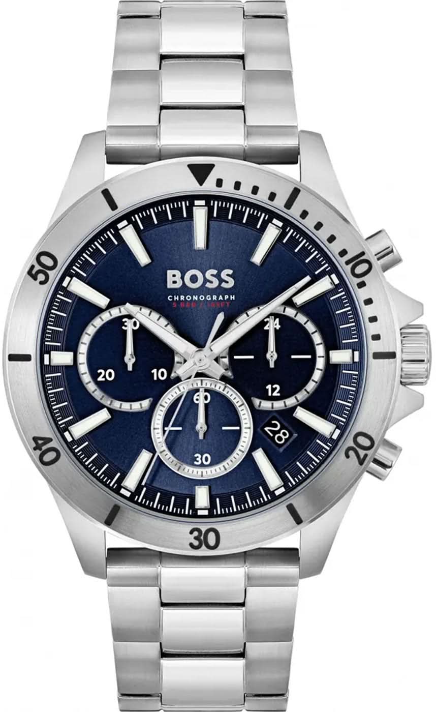 Reloj para hombre con esfera azul, correa de acero inoxidable y subesferas de cronógrafo.