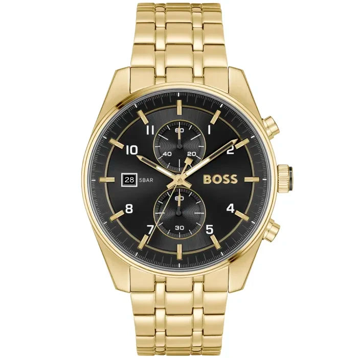 BOSS Skytraveller 1514152 Herren Armbanduhr Goldfarben • Seiko VD51 Quarzwerk • Leuchtzeiger