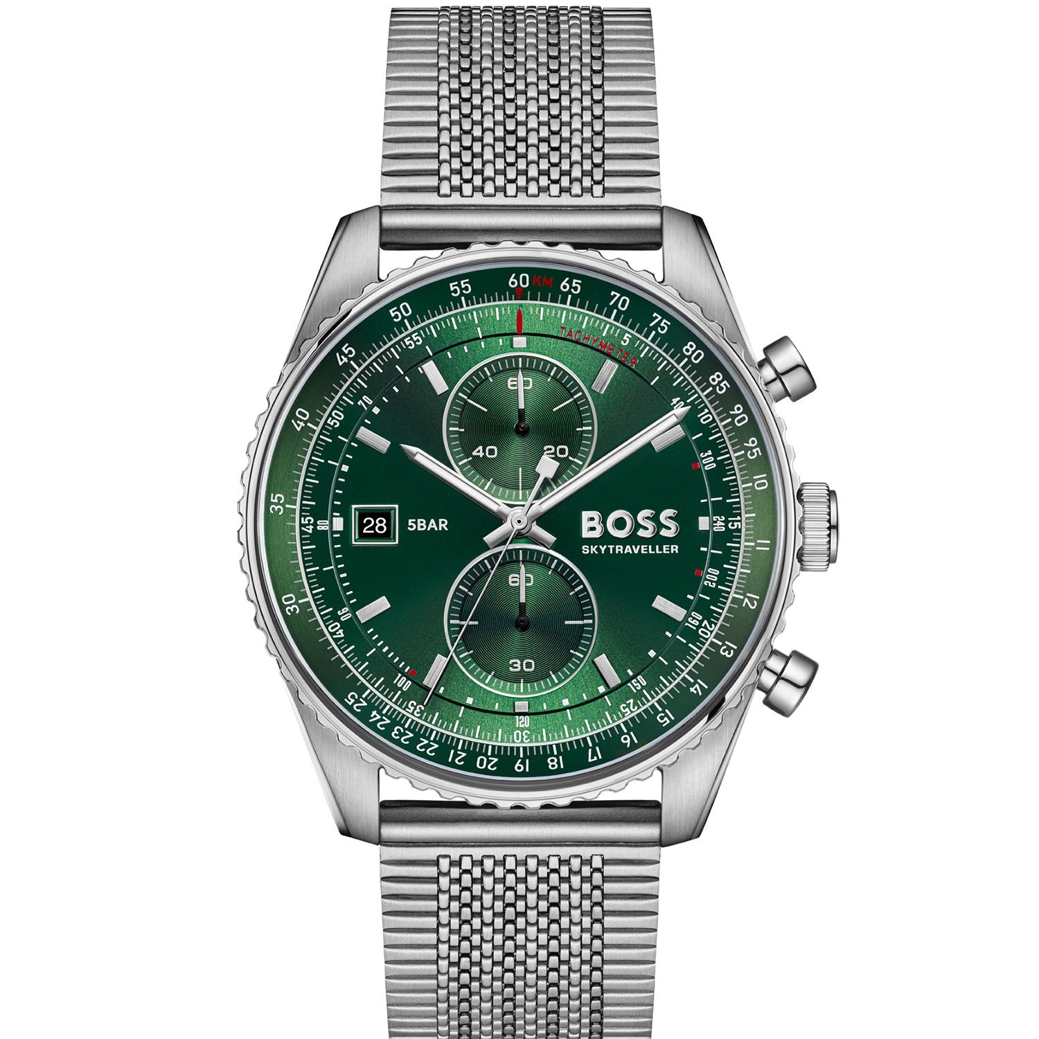 Herrenarmbanduhr BOSS: grünes Chronograph-Zifferblatt, Edelstahl-Meshband