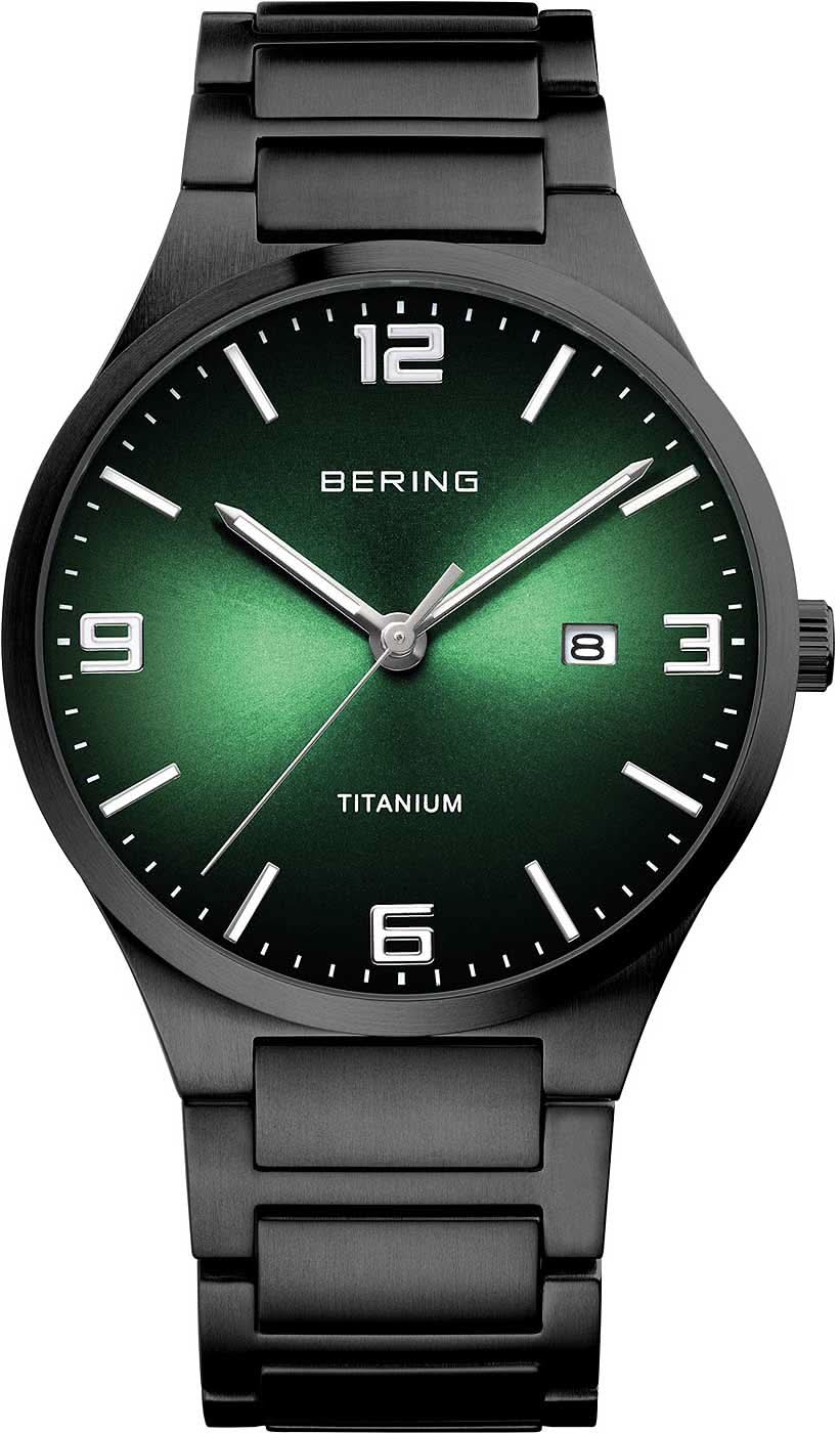 Reloj de hombre con esfera verde, inscripción BERING y brazalete de metal negro