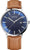 Reloj Bering para hombre con energía solar, esfera azul y correa de cuero marrón, caja de acero inoxidable