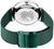 Vista trasera del reloj para hombre: caja de acero inoxidable plateado, grabado de tarjeta, correa de malla verde