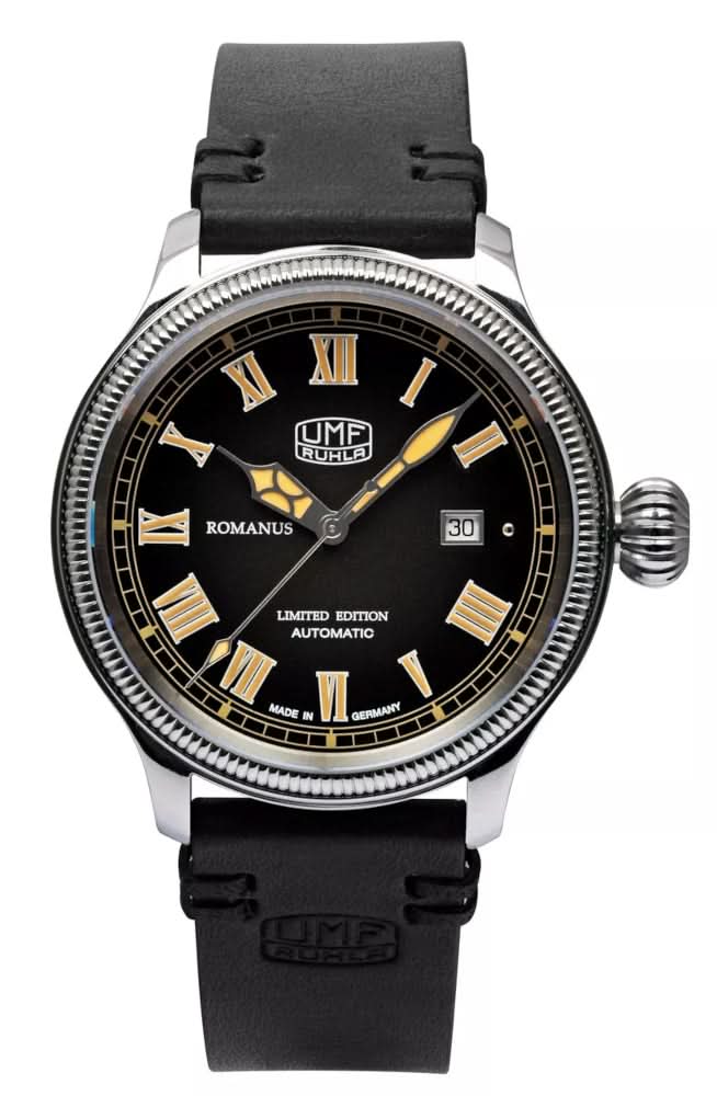 Pulsera de hombre UMF Ruhla con correa de cuero negra, esfera negra y números romanos