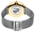 Reloj de hombre con mapa del mundo en la parte posterior, inscripción Bering y pulsera de malla plateada.