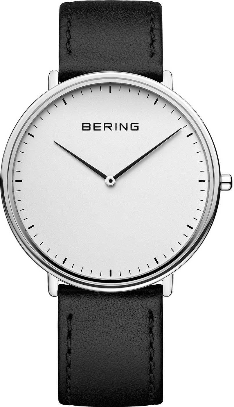 Reloj Bering Ultra Slim con correa de cuero negra y esfera blanca, bisel delgado