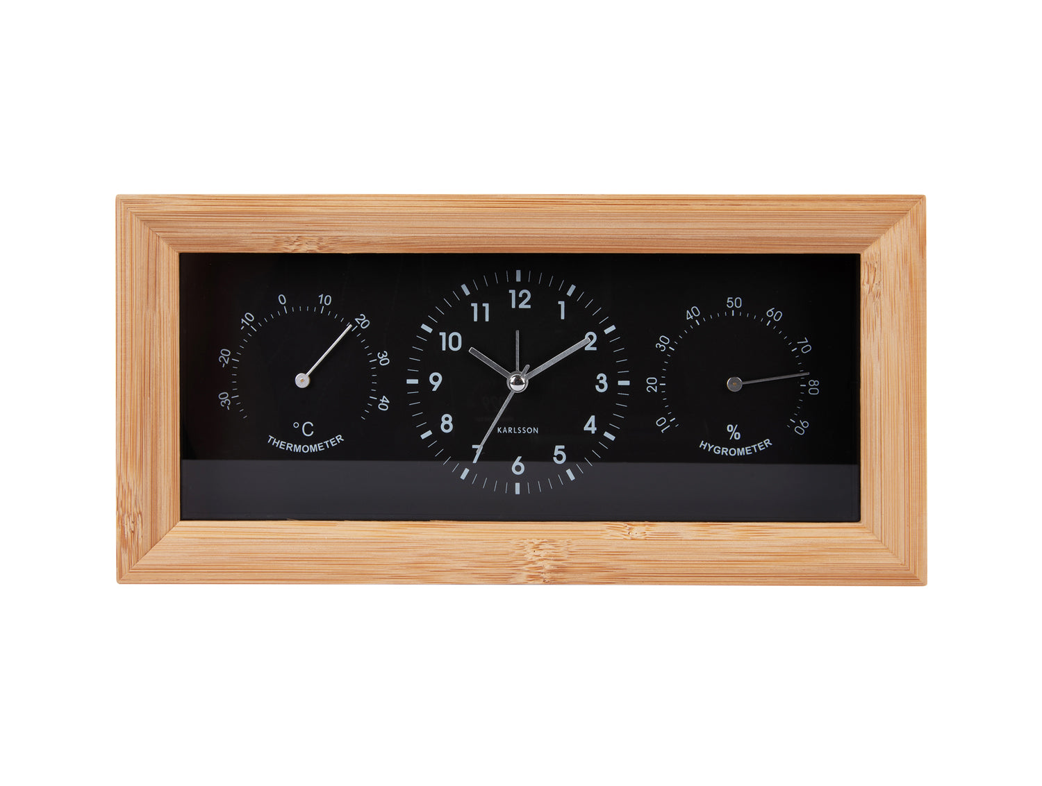 Rechteckiger Wanduhr-Wecker mit Holzrahmen und schwarzem Zifferblatt, Thermometer & Hygrometer