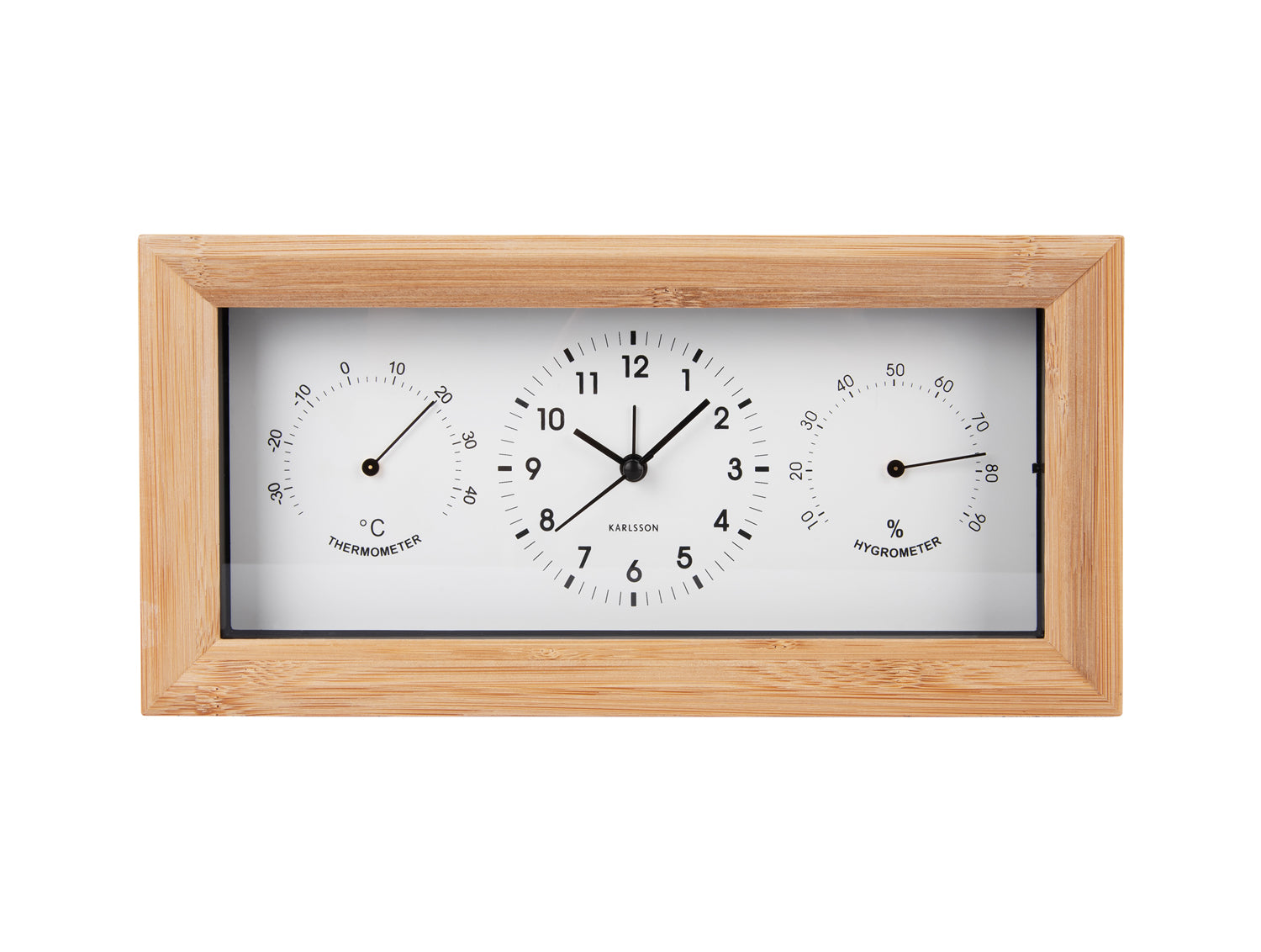 Rechteckiger Wecker mit Holzrahmen, weißem Zifferblatt und Thermometer/Hygrometer