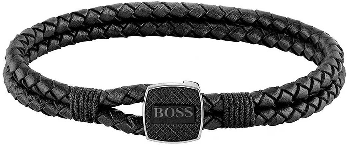 Pulsera de cuero negra con banda trenzada y placa de cierre plateada con inscripción BOSS.