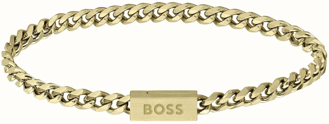 Pulsera de acero inoxidable tipo cadena, eslabones dorados con cierre BOSS.