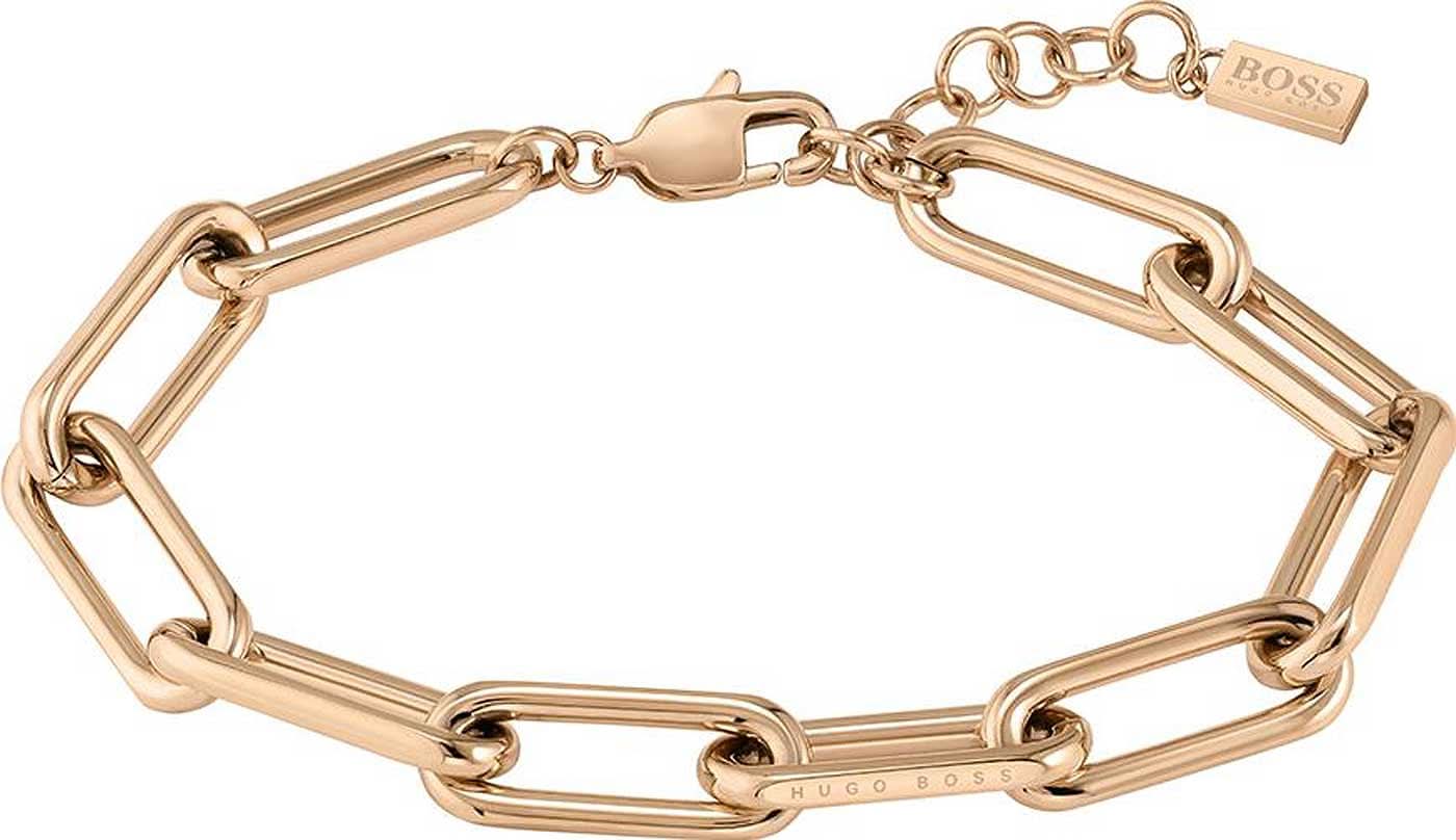 Pulsera Boss Jewelry de acero inoxidable en tono oro rosa con eslabones de cadena gruesos y colgante