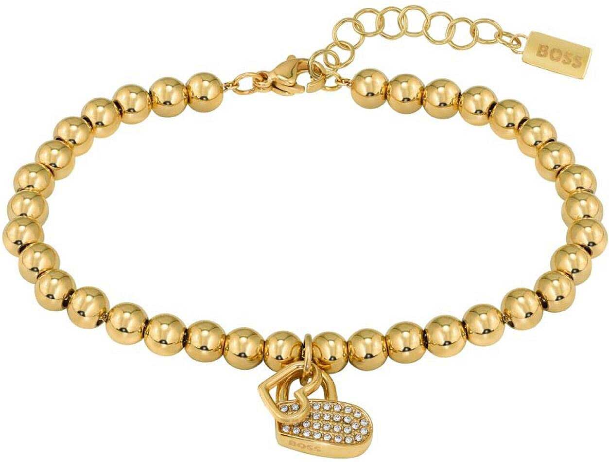 Pulsera de acero inoxidable en tono dorado con cadena de eslabones y charm colgante, cierre
