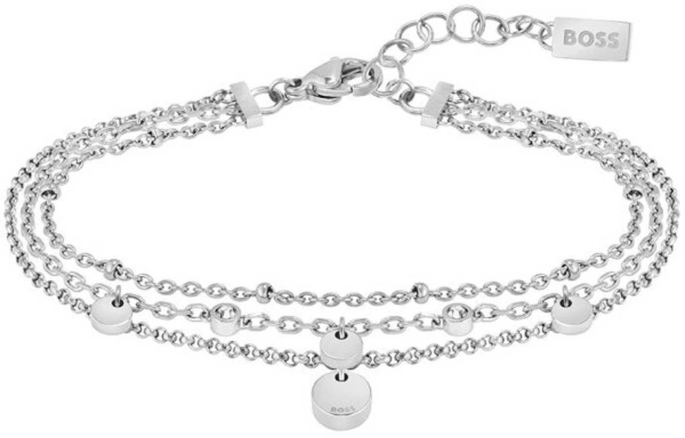 Pulsera multicapa con colgantes, plateada, cierre de cadena, logo BOSS