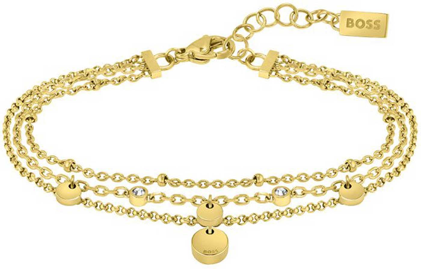 Pulsera de cadena multicapa en tono dorado con dijes redondos y dije de cierre