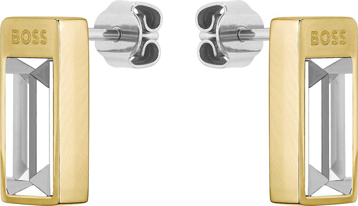 Pendientes rectangulares dorados con logo de BOSS e incrustación de cristal
