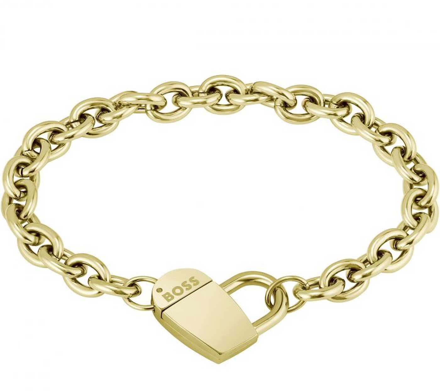 Pulsera con eslabones en forma de corazón en tono dorado y cierre magnético grande, BOSS