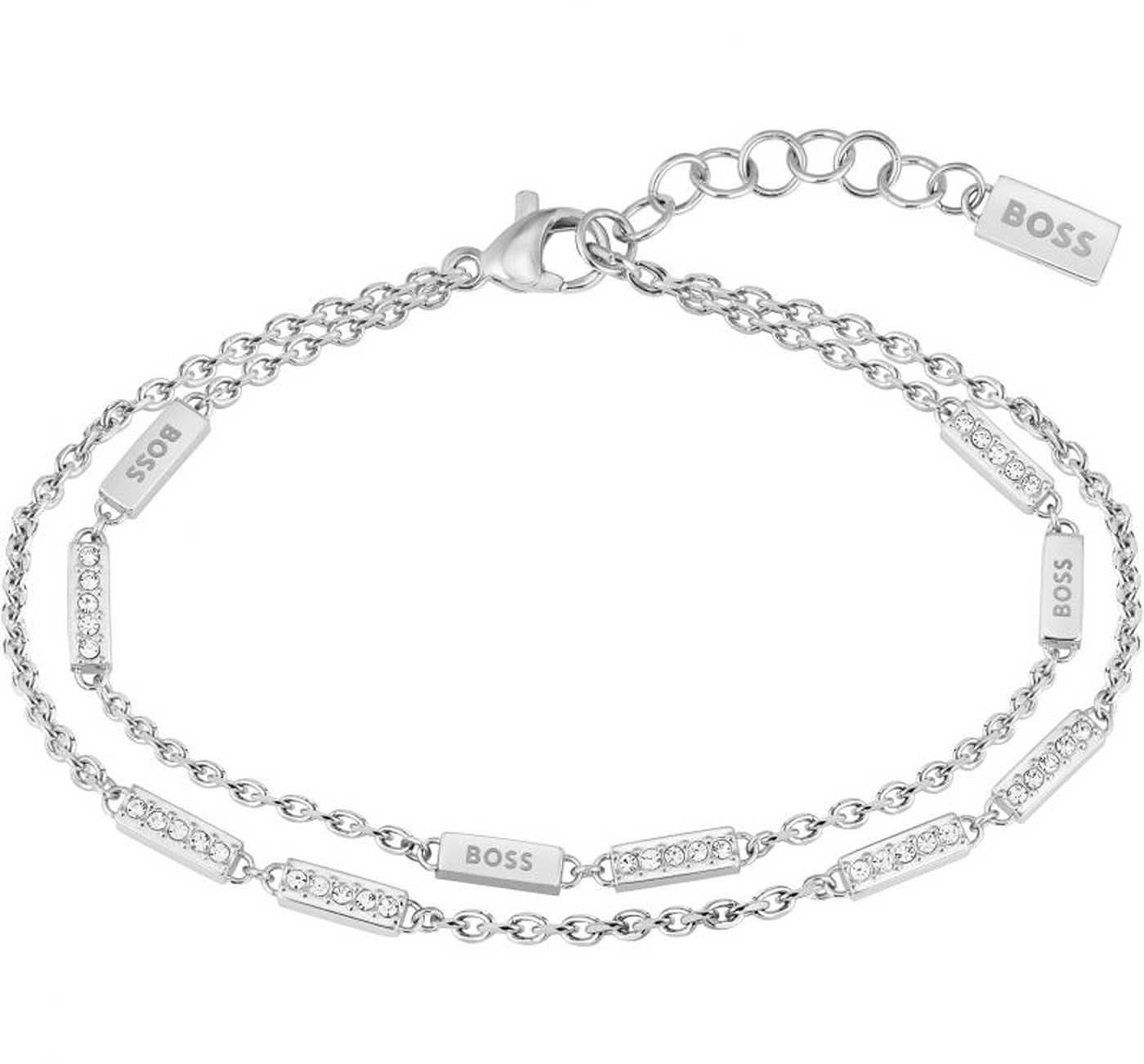 Pulsera de doble fila de cadenas plateadas con colgante BOSS y detalles de piedras