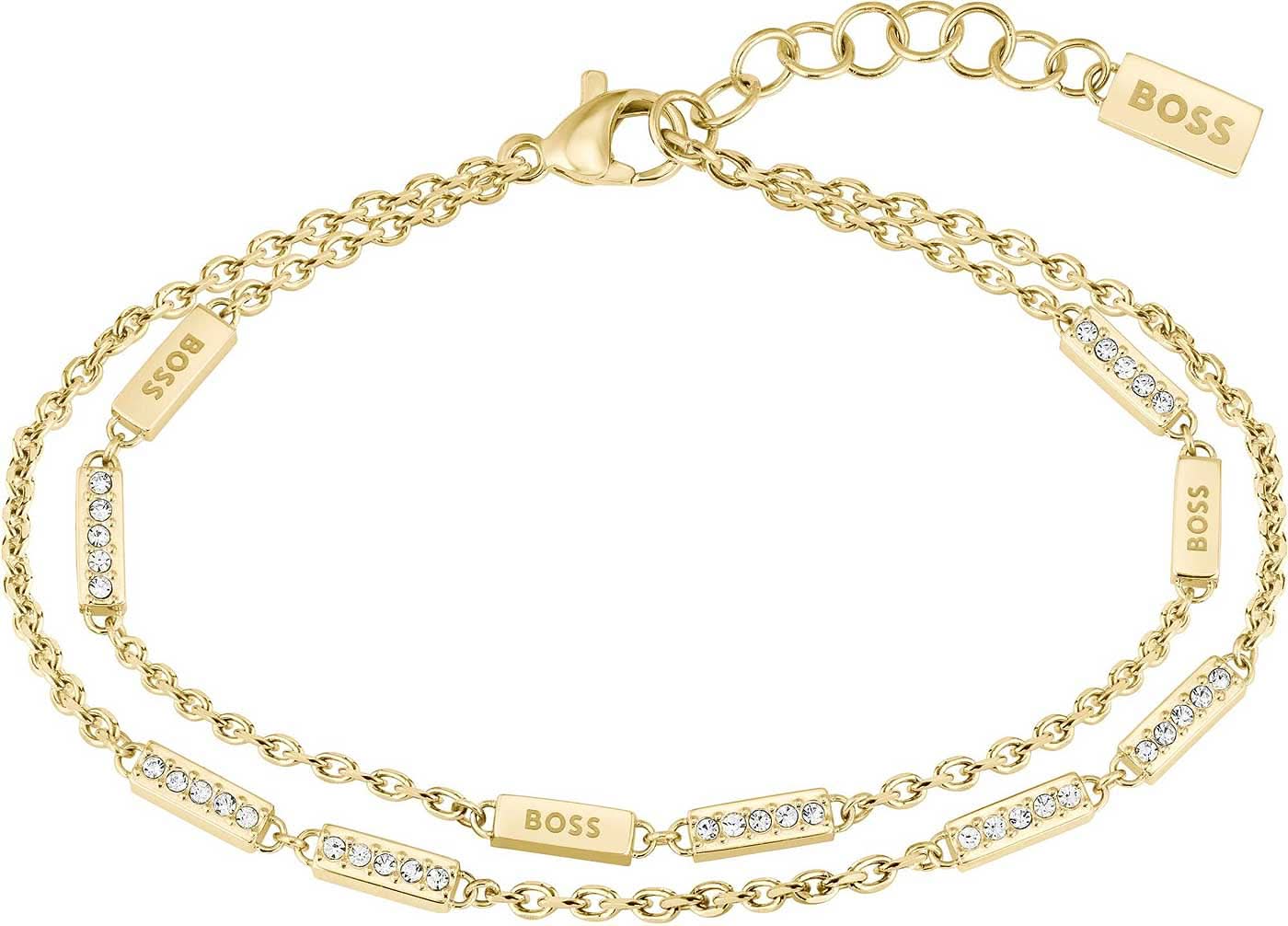 Pulsera de doble fila con eslabones dorados y piedras de bisutería transparentes, colgante BOSS