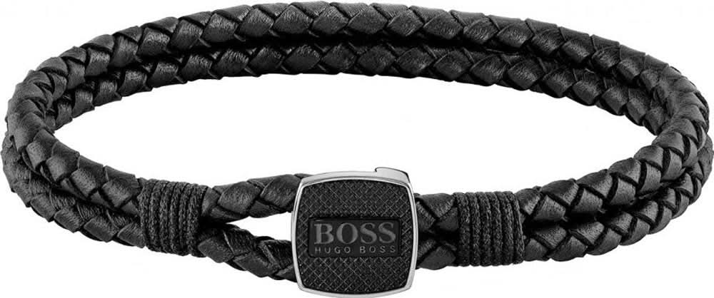 Pulsera de cuero trenzado en negro con hebilla metálica cuadrada y logo BOSS en relieve