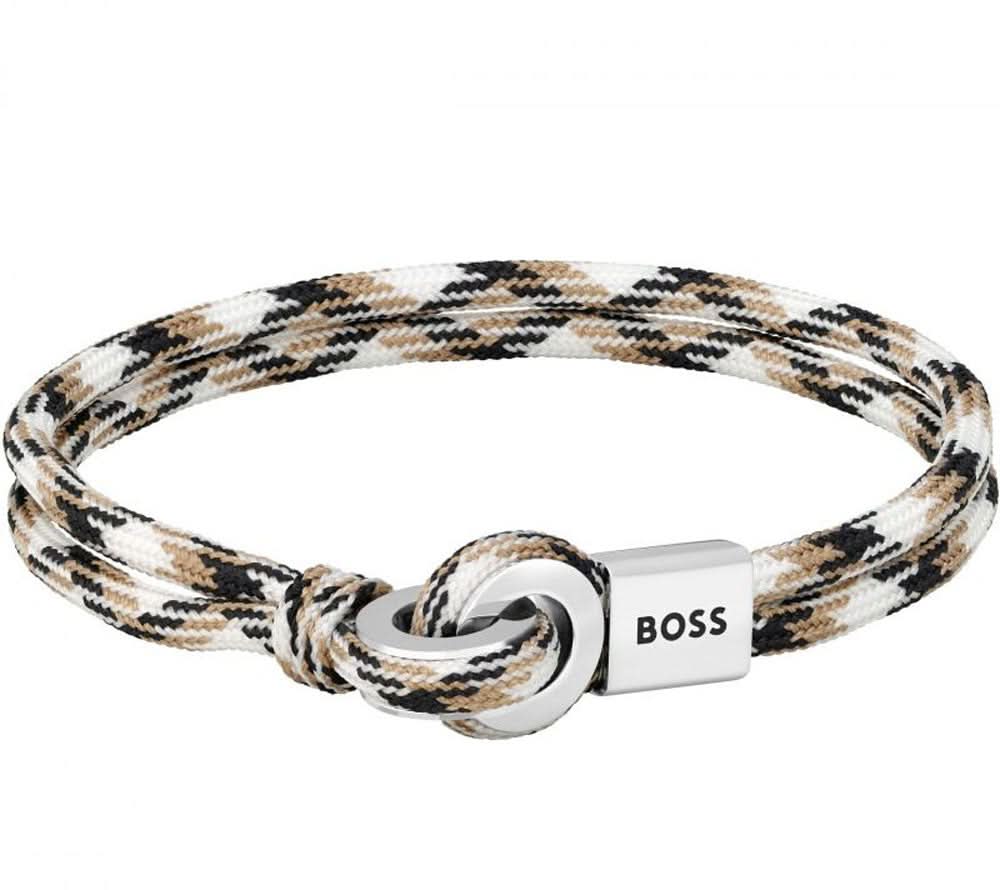 Pulsera de nailon multicolor con ribete textil trenzado y hebilla plateada con BOSS