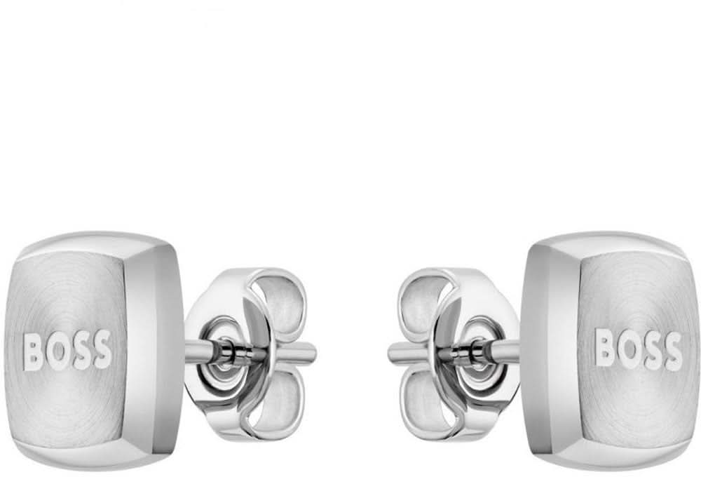 Pendientes para hombre con placa rectangular y logo BOSS, plateados