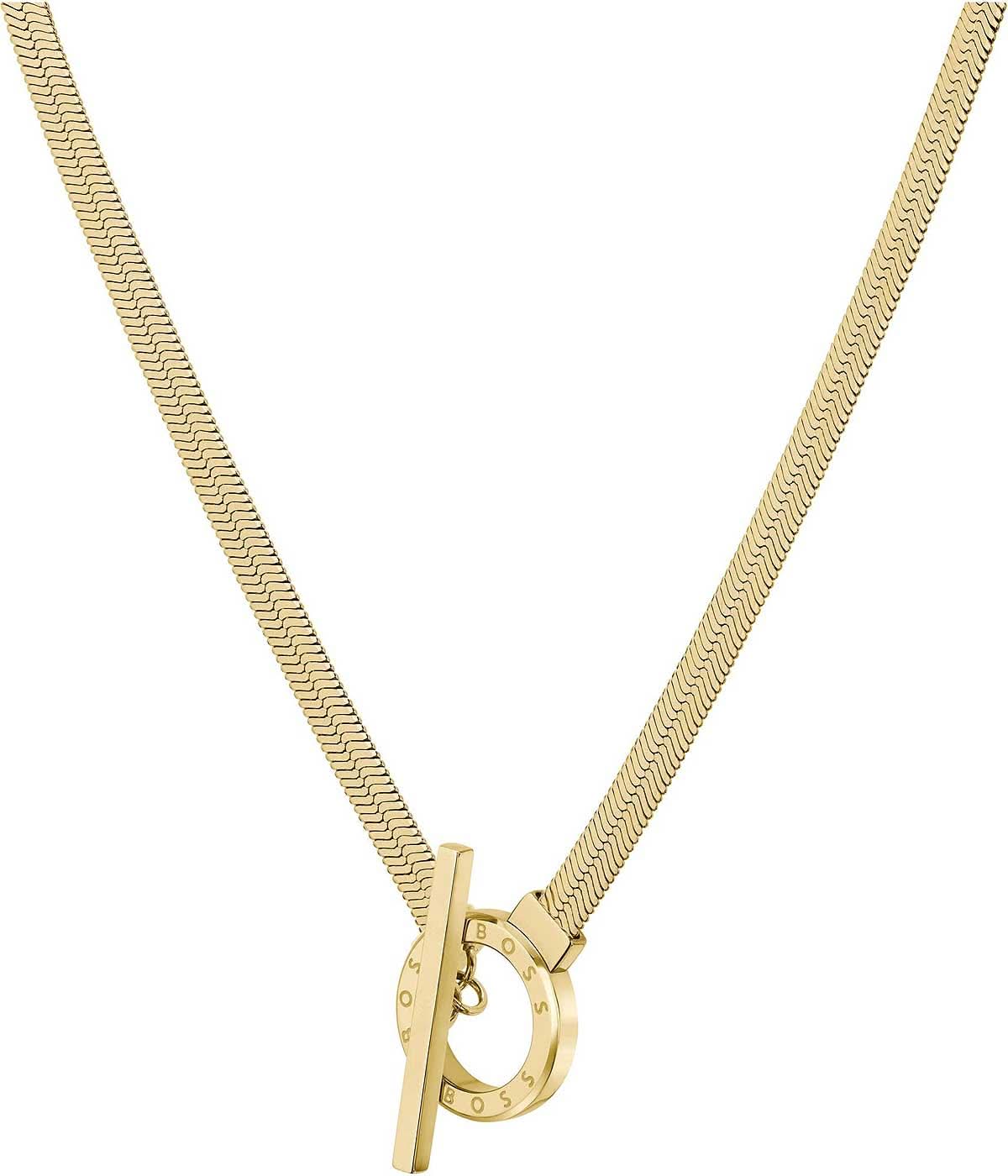 Collar con cadena de espiga dorada, cierre de palanca y detalle de anilla en el cierre
